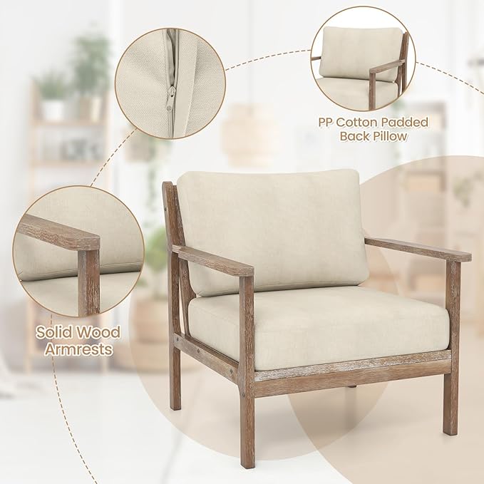 GOFLAME Mid-Century Modern Accent Chair Upholstered Armchair with Solid Wood Frame Linen Fabric Comfy Reading Chair Farmhouse Leisure Chair for Living Room Bedroom Sunroom Hosting Room