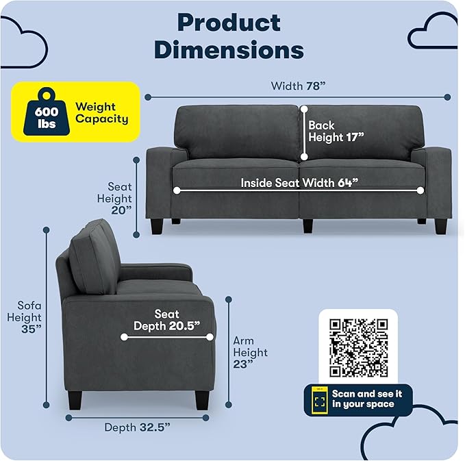 Serta Palisades 78 Track Arm Sofa Easy Care Polyester Soft Pillow Back Pocket Coil Seat Cushions Removable Covers Loveseat or Couch for Small Spaces Living Rooms or Bedrooms Charcoal