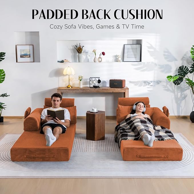 Upgrade Sofa Bed Convertible Mattress Couch for Small Spaces with High Backrest Design Fixed-Shape Frame &amp Removable Armrests and Backrest 2 Corduroy Pillow No Assembly Orange