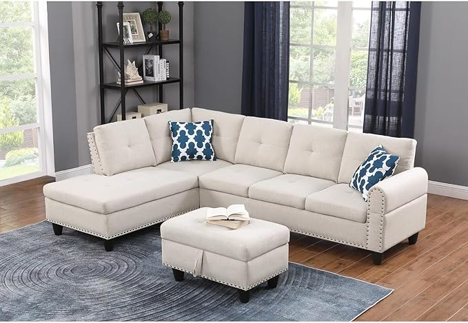 Sophisticated Simplicity Sectional Sofa with Ottoman Living Room Set Left Facing Chaise 2 Cup Holders 2 Throw Pillows Tufted Back and Seat - 99.5 D x 67 W x 32 H Beige