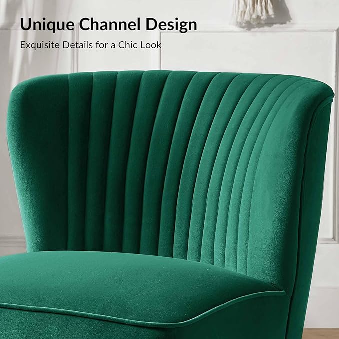Tina's Home Velvet Armless Accent Chair Upholstered Modern Small Side Chair with Golden Legs Comfy Cute Wingback Slipper Chair for Living Room Study Beauty Room Thickly Padded(Green)