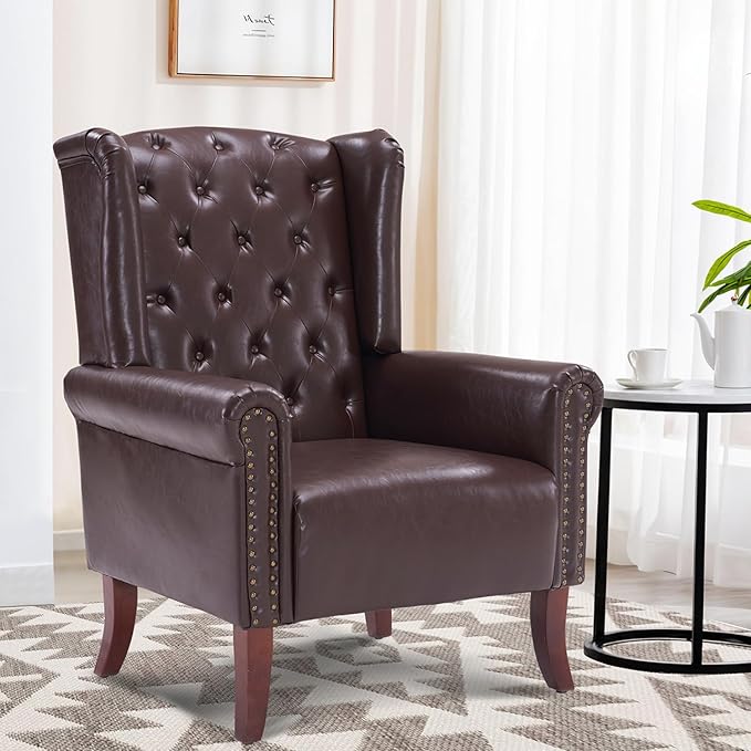 PU Leather Accent Chair Modern Wingback Armchair Club Sofa Chair High Back Living Room Chair for Bedroom Office Lounge (Caramel)