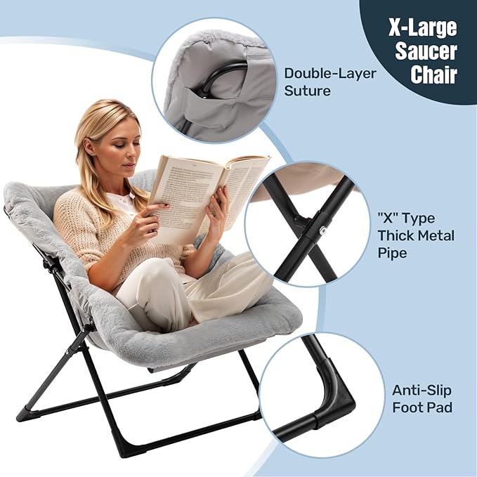HollyHOME X-Large Saucer Chair with Foldable Ottoman Comfy Oversized Folding Chair and Folding Footrest Stool Set Faux-Fur Reading Chair and Footstool for Living Room Bedroom Grey Chair&ampStool