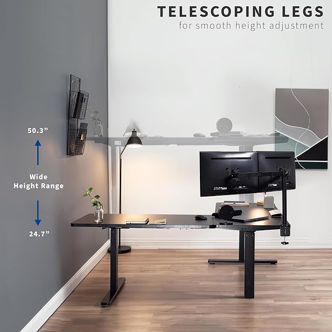 VIVO Electric Height Adjustable 67 x 60 inch Corner Stand Up Desk 2 Reclaimed Wood Solid Table Tops Black Frame Memory Controller L-Shaped Workstation 3E Series DESK-KIT-3E6BP