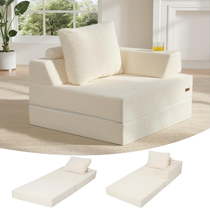 COMAX Folding Sofa Bed Foldable Couch for Bedroom Corduroy Convertible Floor Sleeper Futon Chair Foam 3 in 1 Fold Out Chair Portable Comfy Lounge Couch Single Sofa Bed for Small Space Guest Room