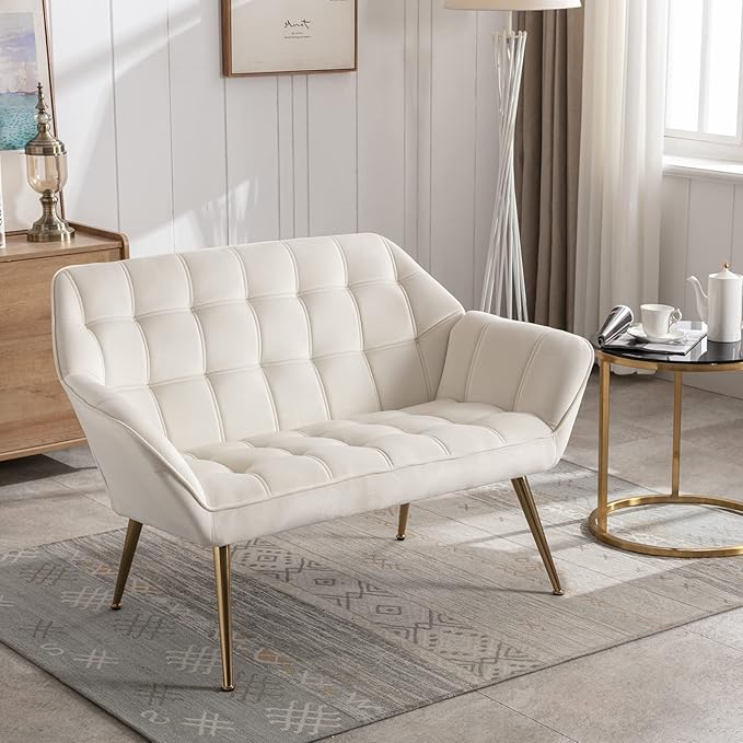 48 Small Loveseat for Small Spaces Upholstered Velvet Loveseat Sofa Mid Century Modern 2-Seater Couch with Armrest and Gold Legs for Bedroom Living Room Apartment Cream