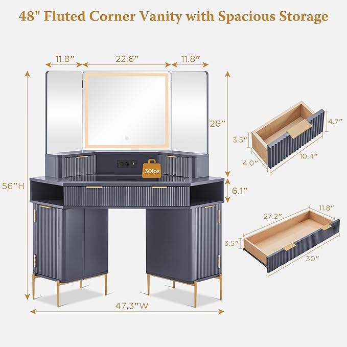 T4TREAM Corner Vanity Desk with Mirror and Lights 48 Modern Fluted Makeup Vanity with Glass Top 3-Panel Lighted Mirror &amp Charging Outlet Dressing Table with 3 Drawers &amp 2 Cabinets Dark Gr