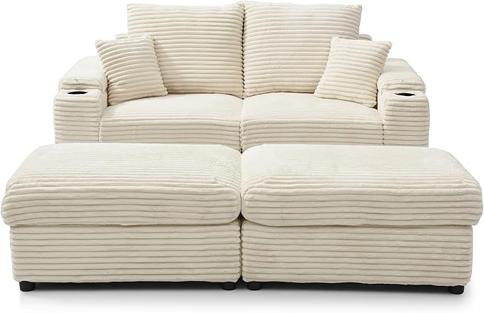 70.8 W Luxurious Corduroy Loveseat with Ottomans - Plush and Cozy Modular Sectional Sofa Set with Pillows Rack for Cozy Reading Compact Living Room (Beige &amp Two Seats)