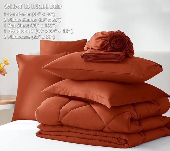 CozyLux Queen Comforter Set Burnt Orange - Bed in a Bag Queen Size 7 Pieces Luxury Soft Bed Set for All Seasons Bedding Set with Down Alternative Comforter Sheets Pillowcases &amp Shams Terracot