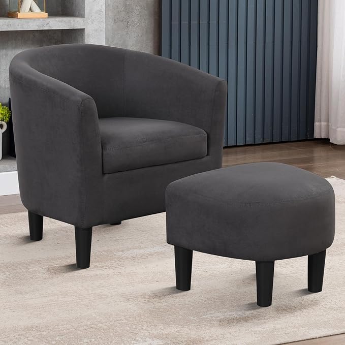 INZOY Modern Accent Chair with Ottoman for Small Space Club Chair with Ottoman Set Comfy Fabric Barrel Reading Chairs for Living Room Bedroom Round Reading Chair with Foot Rest Dark Grey
