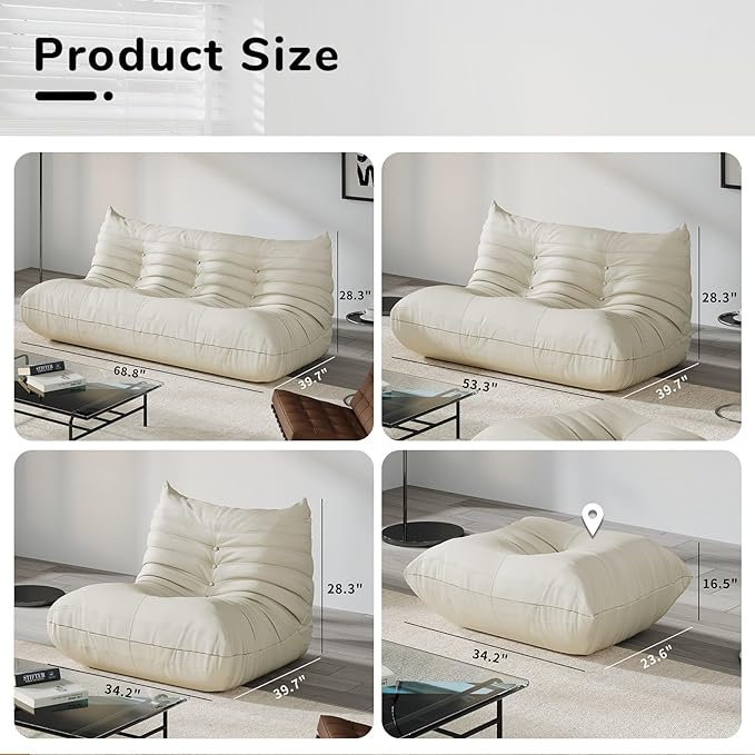 Comfy Lazy Floor Sofa CouchSoft Armless ChairFaux Leather Lounge ChairCorner Relax Sofa Couch for Living Room BedroomSalon OfficeAdults(Cream White)