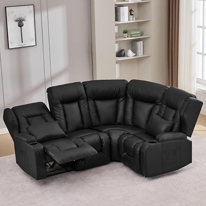 Loveseat Recliner SofaRV Wall Hugger Recliners for Small SpacesReclining Loveseat Sofa Recliner with Cup Holders/Lumbar PillowsRV Furniture (PU Black Loveseat with Corner Sofa)