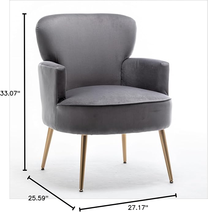Trendy Velvet Accent Chair with Gold Metal Legs Upholstered Armchair for Small to Mid-Size Spaces Modern Living Room Bedroom Vanity Desk and Entryway Grey
