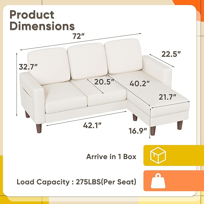YESHOMY Couches for Living Room Sofa with Movable Ottoman Small Couch with Reversible Chaise and Side Pockets L Shaped Couch for Small Space Apartment (Linen Fabric Beige)