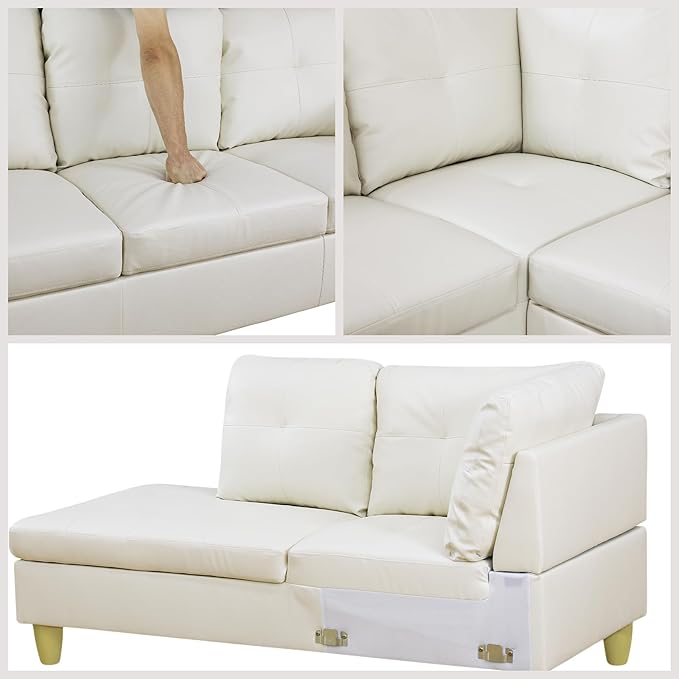 L Shaped Couch Sectional Couches with Chaise 3 Pieces Modular Convertible Sofa for Living Room Furniture Sets and Small Apartment Faux Leather White