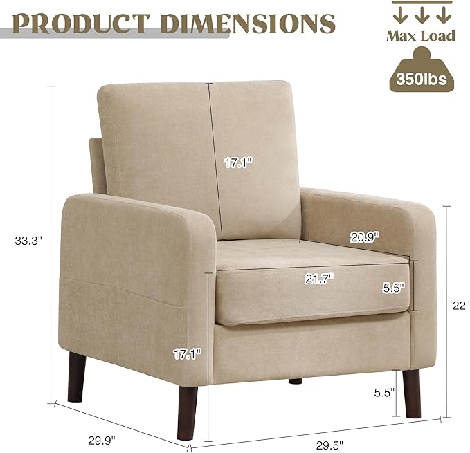 Accent Chair for Living Room Modern Reading Chair for Bedroom Upholstered Armchair with Wood Legs and Side Pockets Single Sofa Side Chair for Office Small Room Apartment Light Brown
