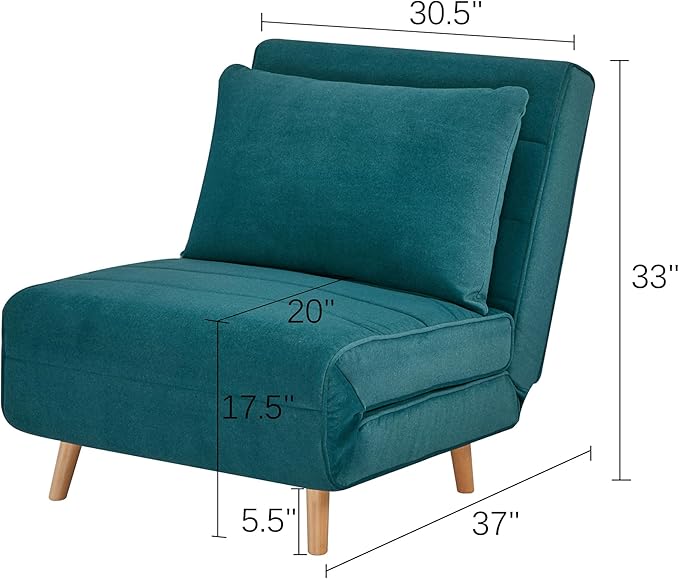 31 Convertible Sleeper Chair 3-in-1 Foldable Chair Bed with Pillow 3-Position Adjustable Backrest Single Sofa Bed for Apartment Office Peacock Blue