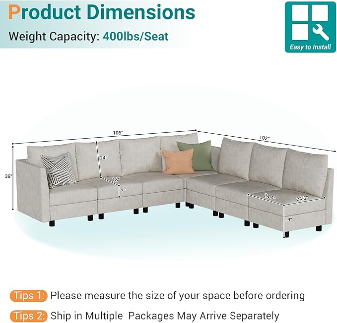 Fiona's magic Modular Sectional Sofa Set 7 Seats Sleeper Sofa Couch with Storage Sectional Sofa Couch with USB Charging Port Modern Comfy Chenille Couch for Living Room Beige