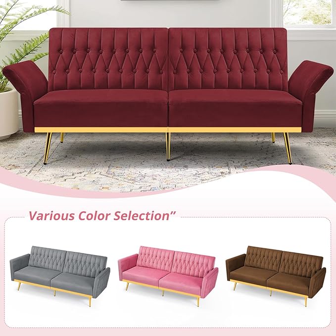 2 Pieces Velvet Sofa Set with Adjustable Armrest and Backrest 70” Convertible Futon Sofa Bed &amp Mordern Accent Chair with Ottoman for Living Room Bedroom Red