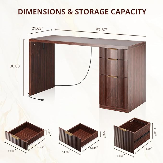 FURSUN 58 Modern Executive Desk with Storage Home Office Desk with Drawer &amp Cabinet Wooden Fluted Desk for Study Living Room Bedroom Dark Walnut