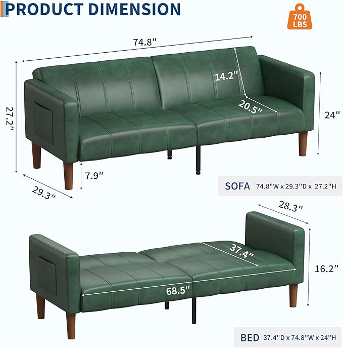 GarveeHome Futon Sofa Bed 75-Inch Modern Faux Leather Convertible Couch Mid-Century Loveseat for Small Space Living Room Bedroom Green