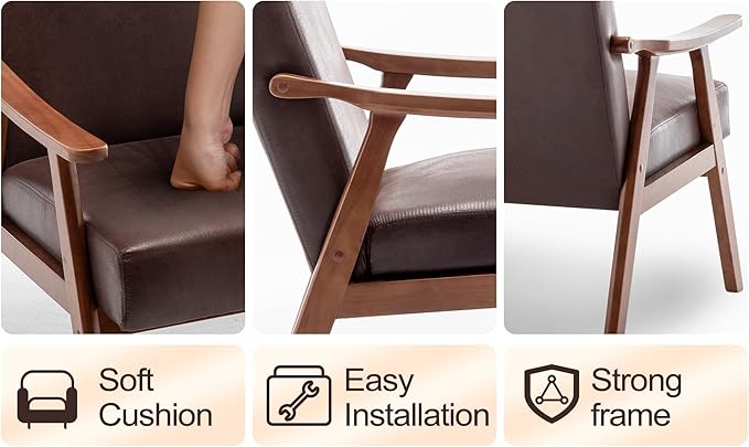 Mid Century Modern Accent ChairComfy Fabric Reading Chair with Retro Solid Wood Frame &amp High Back Upholstered Lounge Arm Side Chair for Living Room Bedroom Balcony (Dark Brown)