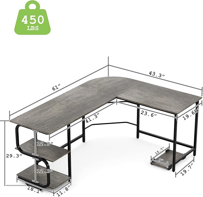 Teraves Reversible L Shaped Desk with Large Surface 61 Inch Sturdy Corner Desk with Storage Shelves Premium Office Computer Desk Workstation for Home Office Gaming