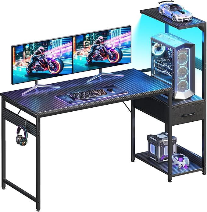 Casaottima 54 Inch Gaming Desk with Storage &amp LED Lights Reversible Computer Desk with Display Shelves &amp Fabric Drawer Modern Gamer Desk Table with Side Headphone Hook Carbon Fiber Black