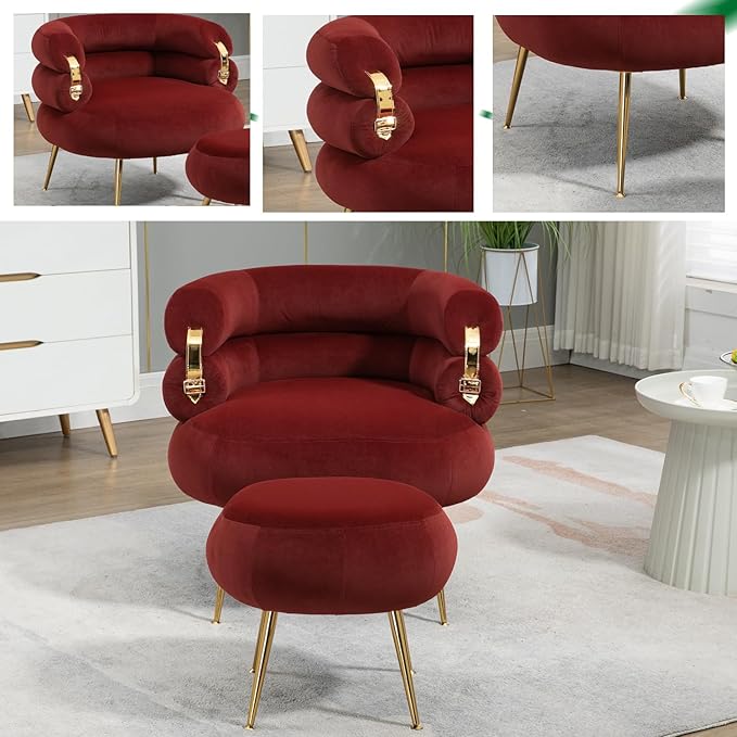 Single Sofa Chair Velvet Accent Chair with Ottoman Round Sofa Chair Modern Barrel Chair with Gold Buckle and Leg for Living Room Bedroom Waiting Room Small Spaces (Red)