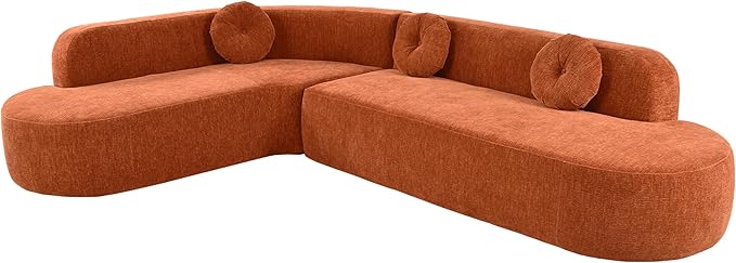 WILLIAMSPACE 122 Curved Sectional Sofa Cloud Round Couch with Elegant Back Design &amp 3 Round Cushions Modern Foam Floor L-Shaped Comfy 4 Seater Curved Couch No Assembly Orange