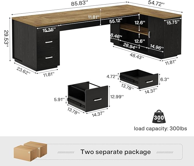 Tribesigns 85.8-Inch L-Shaped Executive Desk Extra Large Modern Office Desk with File Drawers Door Cabinet &amp Shelves Commercial Office Table Home Business Workstation Light Brown &amp Black