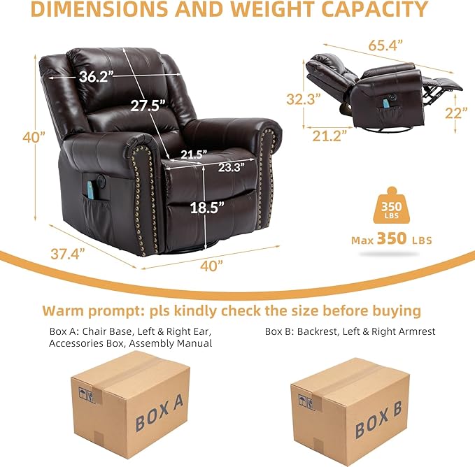 Manual Massage Recliner with Heating Function 360° Swivel Glider Rocking Recliner Chair for Living Room Ergonomic Single Sofa Chair with Remote Control/USB Ports/Side Pockets(Dark Brown)