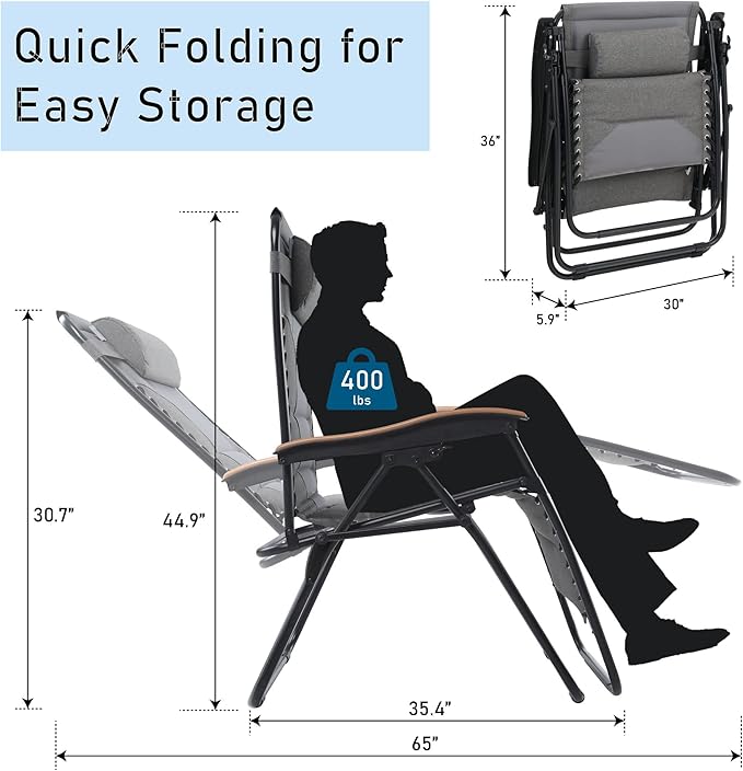 PHI VILLA XXL Oversized Padded Zero Gravity Chair Set of 2 Foldable Patio Recliner 30 Wide Seat Anti Gravity Lounger with Armrest and Cup Holder Support 400 LBS (Light Gray)