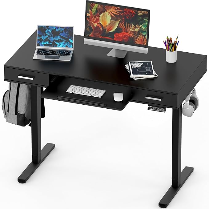 SHW 48-Inch Electric Height Adjustable Desk with Keyboard Tray and 2 Drawers Black