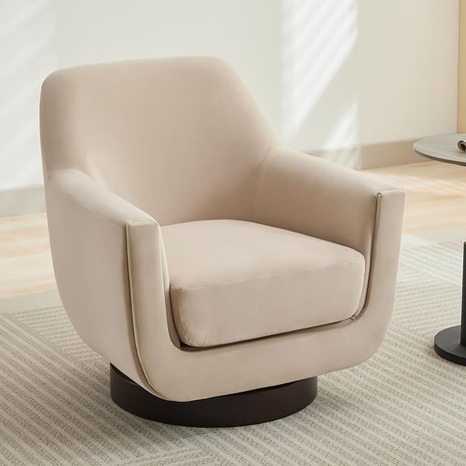 Swivel Chair Velvet Accent Chair Armchair Round Barrel Chair U-shaped Fully Assembled Chair for Living Room Bedroom (Beige)
