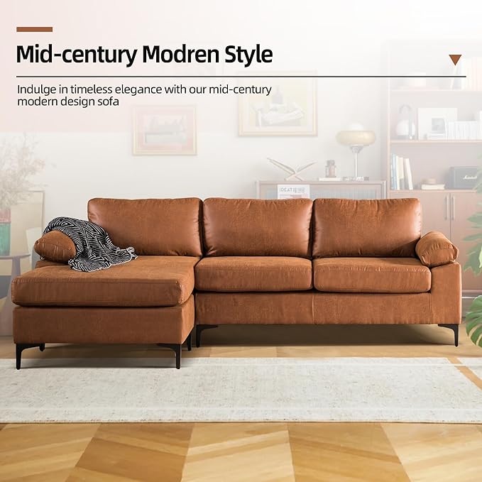 100 Faux Leather Convertible Sectional Sofa Couches for Living Room3 Seater L Shaped Sofa Couch with Reversible ChaiseMid-Century Modern Comfy Deep Seat Sofa (BrownSuede Fabric)