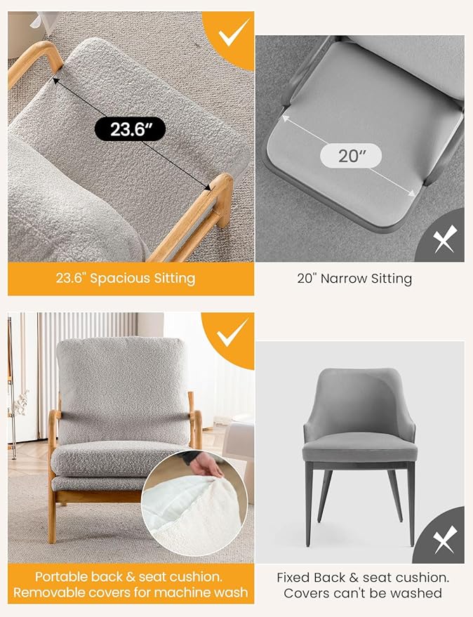 Mid Century Modern Accent Chairs for Living Room 23” Wide Comfy Chair for Bedroom Small Cozy Sherpa Reading Chairs for Adults 108° Lounge Arm Chair Indoor with Detachable Cover 5.5 Foam Cushion