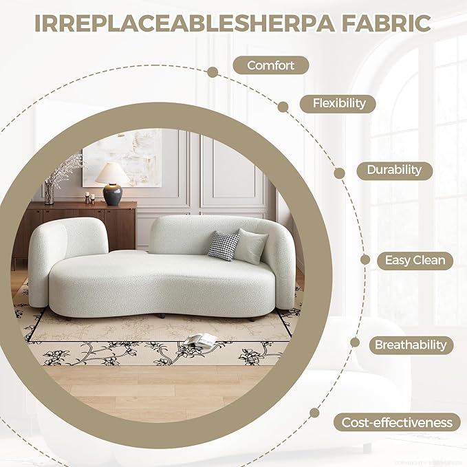 Modern Curved Sherpa Sofa Small Loveseat Couch with Solid Wood Frame &amp Thick Cushion Comfy Upholstered Sofa for Living Room or Apartment – Ivory White