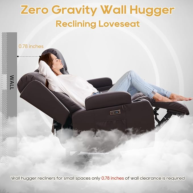 IPKIG Power Loveseat Recliner Sofa with Flip-Up Backrest Console Drawer AC Outlet LED Light Wall Hugger Recliners for Living Room RV Home Theater (Chestnut Console with Music LED)