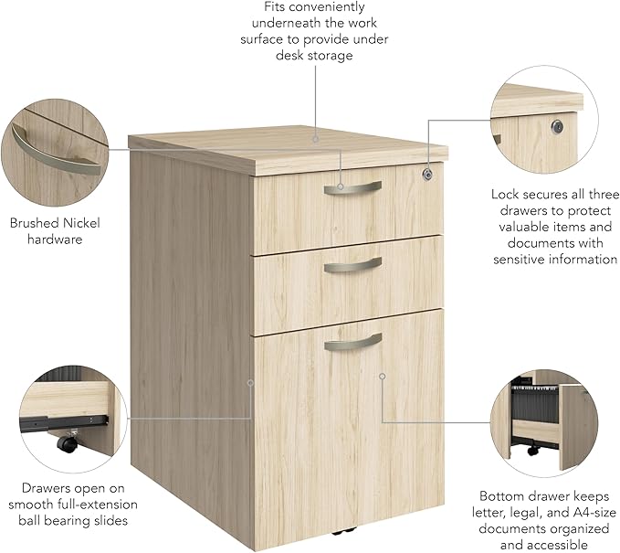 Bush Business Furniture 3 Drawer Rolling File Cabinet Under Desk Storage Office in an Hour Collection Natural Elm