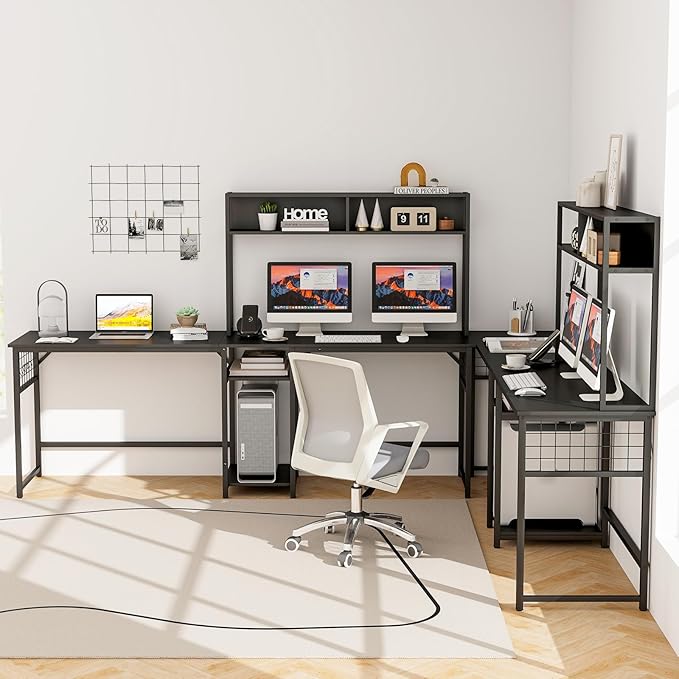 Tangkula L-Shaped Desk with Power Outlet Large Corner Desk Converts to 2-Person Long Desk with Hutch Computer Gaming Desk with CPU Stand &amp 3 Removable Hooks for Home Office (Black)