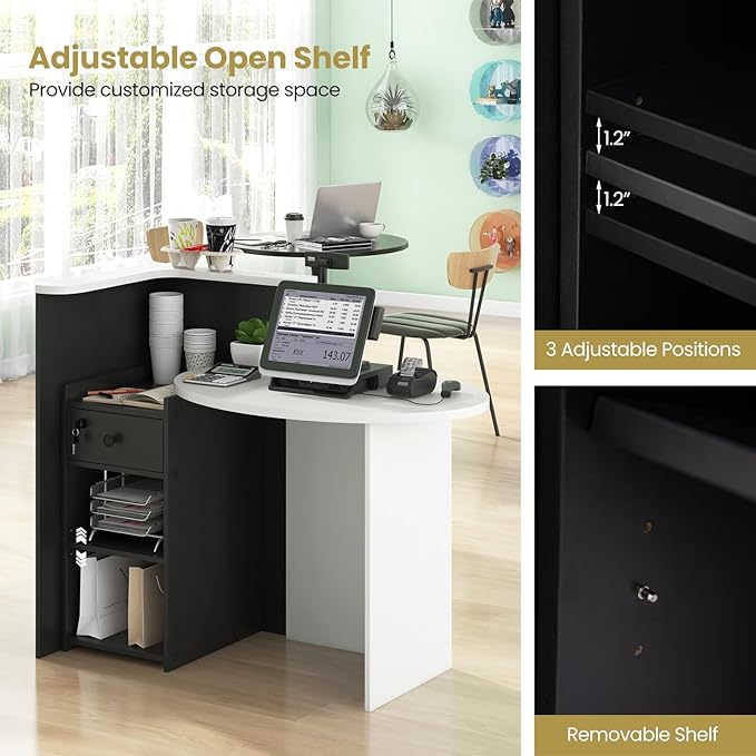 MAT EXPERT Reception Desk Front Desk with Open Shelves Lockable Drawer Round Tabletop Checkout Counter Retail Counter Computer Workstation for Office (Black Cabinet &amp White Desktop)