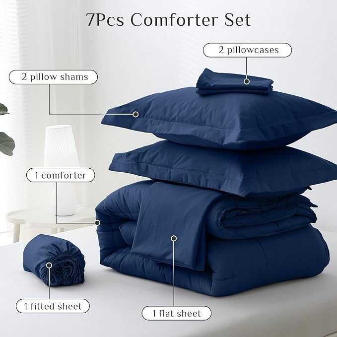 JOLLYVOGUE Full Comforter Set Ultra-Soft Bed in a Bag Full Size 7 Pieces Oeko-TEX Certified Bedding Set with Down Alternative Comforter Sheets Pillowcases &amp Shams Navy