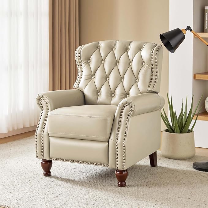 HULALA HOME Genuine Leather Recliner Chair with Solid Wood Feet Modern Adjustable Tufted Push Back Arm Chair w/Rivet Decoration Home Theater Seating Single Reclining Sofa for Living Room Beige