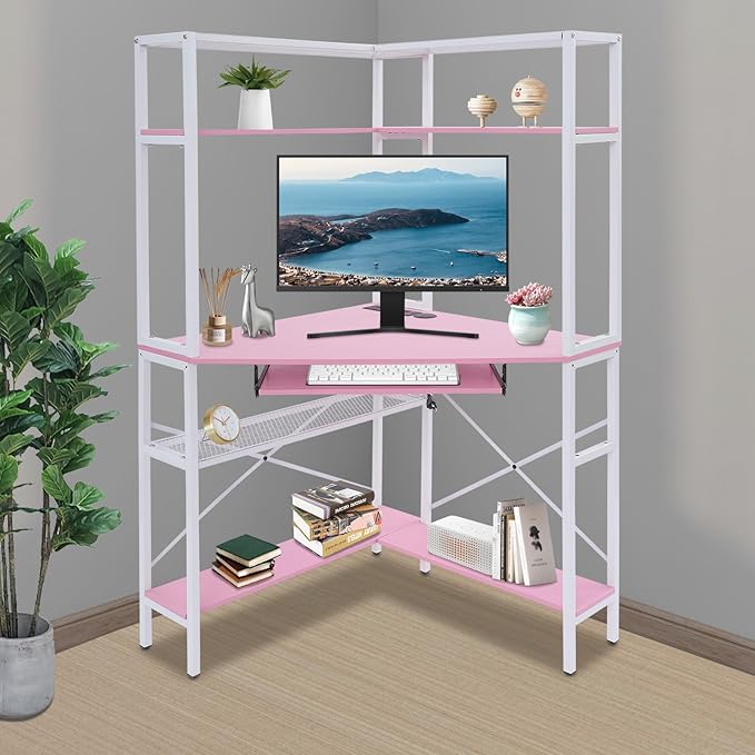 Corner Desk with Hutch 90 Degrees Triangle Computer Desk w/Keyboard Tray &amp Bookshelves for Small Space Space Saving Writing Desk w/Storage Shelves for Bedroom Apartment (Pink)