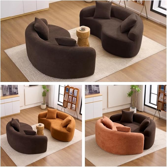 67 Curved Loveseat SofaFull Sponge Compression Sofa Chinese Tai Chi StyleS-Shaped Couch for Small SpacesNo Installation RequirementWood Grain Chenille Fabric （Brown67）