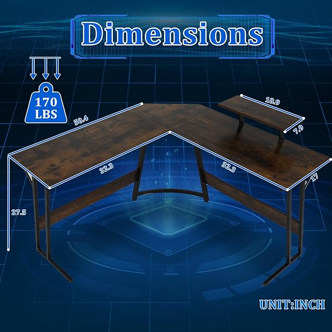 51 inch L Shaped Gaming Desk Computer Desk for Bedroom Brown L shaped Desk for GamingHome Office Desks with Detachable Monitor Stand Corner Desk for Small PlaceLargeCarbon FiberBrown desk