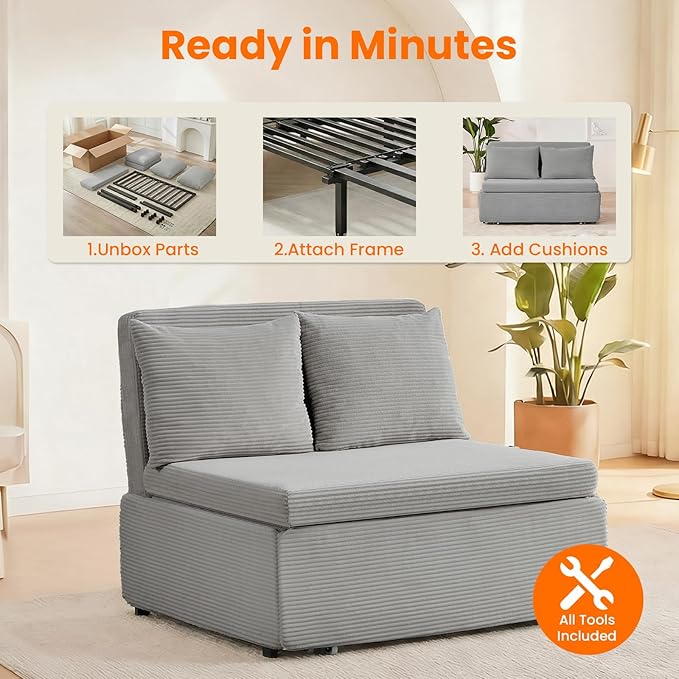 CECER 43.5 Twin Size Pull Out Sofa BedCorduroy Pull Out Couch with Tri-fold Mattress3-in-1 Convertible Sleeper Sofa with Pillows for Small Space/Bedroom/Apartment（Light Grey）
