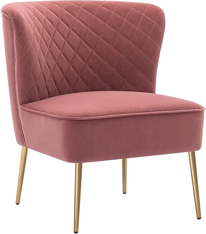 DUHOME Velvet Accent Chair Armless Slipper Vanity Makeup Chair with Back Upholstered Sofa Chair with Golden Legs Barrel Chair for Living Room Bedroom Pink