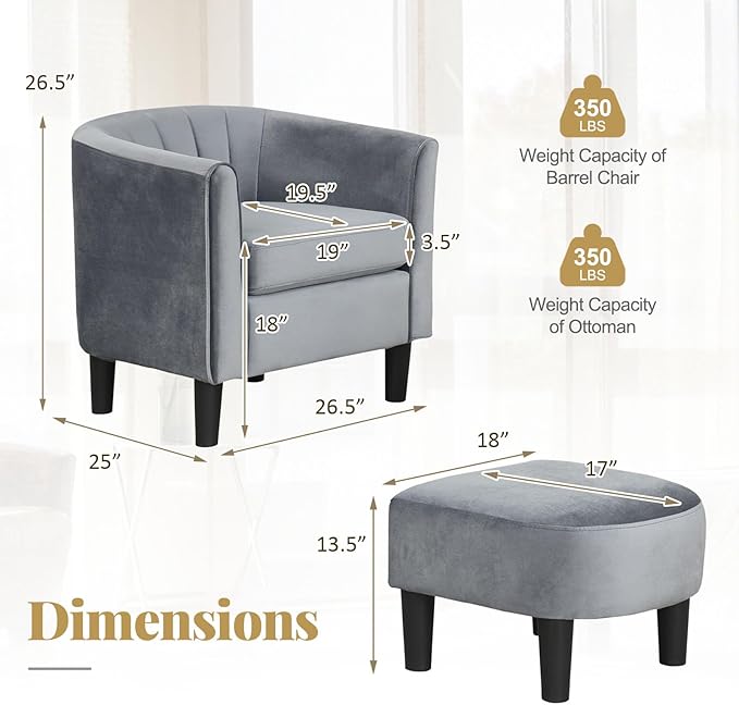 GOFLAME Accent Chair with Ottoman Modern Velvet Fabric Barrel Chair with Footrest Curved Backrest Removable Seat Cushion Upholstered Club Tub Sofa Reading Armchair for Living Room Bedroom Gray